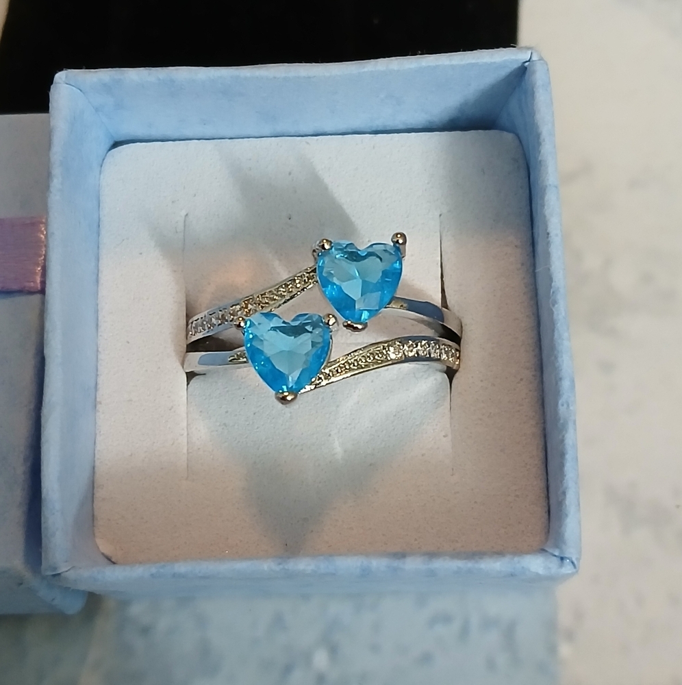 Double Heart-Shaped Blue Stone Silver Ring